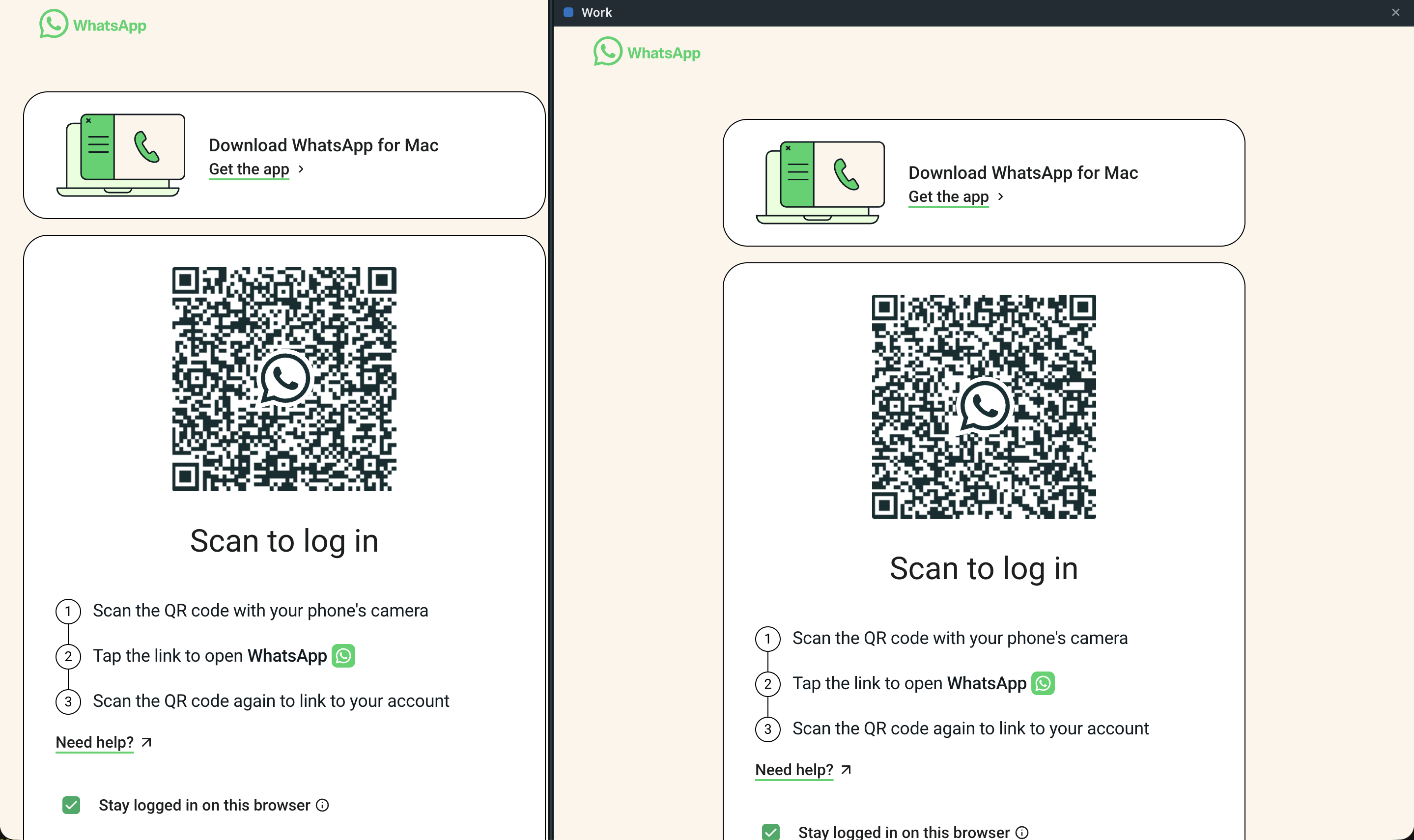 Two WhatsApp Web sign-in screens side by side inside MultiWA: the Personal account on the left and the Work account in the right pane.