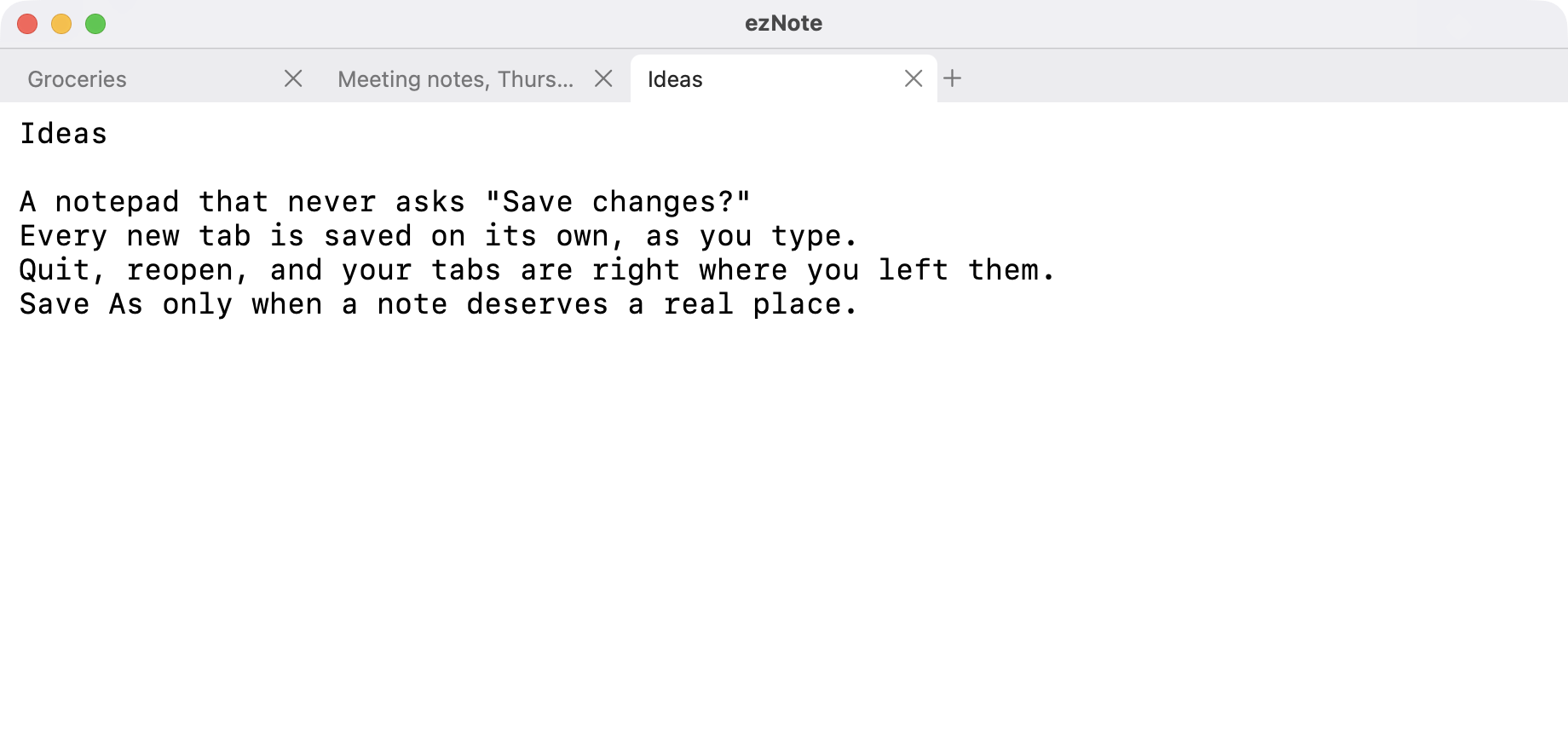 ezNote window with three tabs: Groceries, Meeting notes and Ideas. The Ideas note is open.