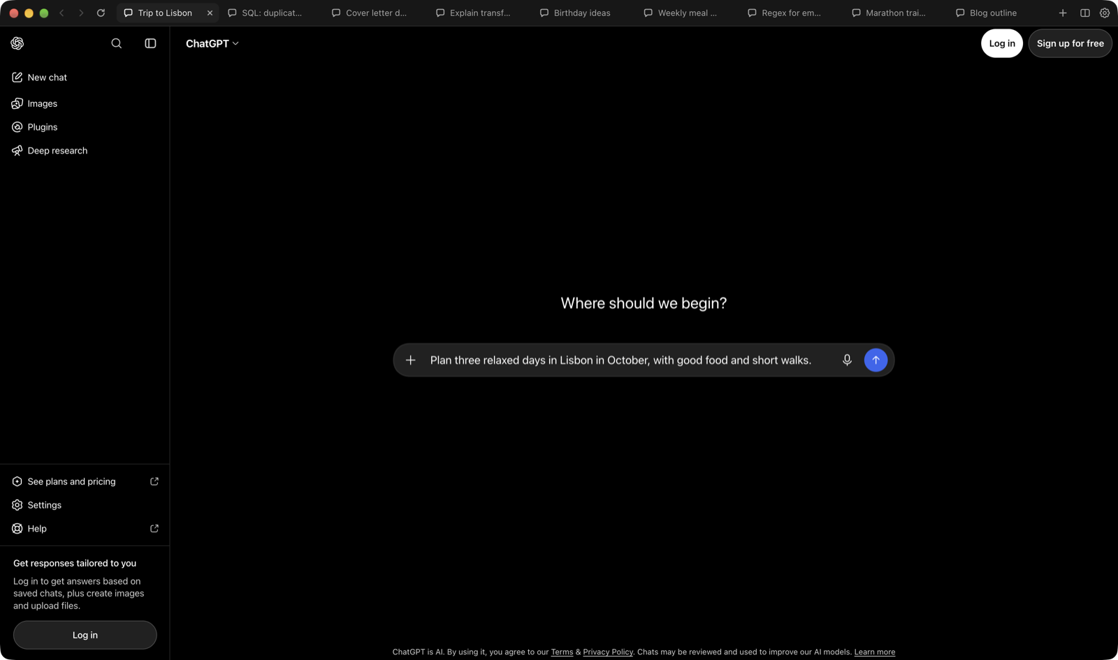 ChatGPT Tabs in dark mode with several named tabs.