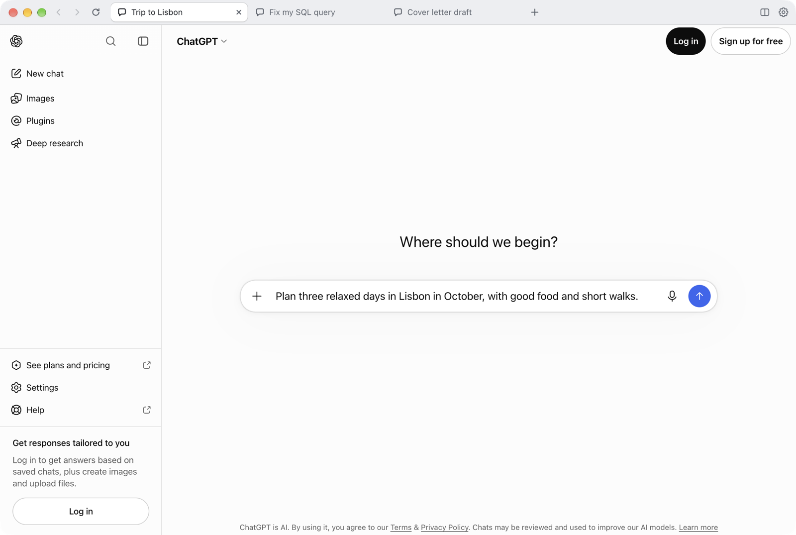 ChatGPT Tabs on a Mac with three tabs open: Trip to Lisbon, Fix my SQL query and Cover letter draft, showing ChatGPT's own sidebar and composer.